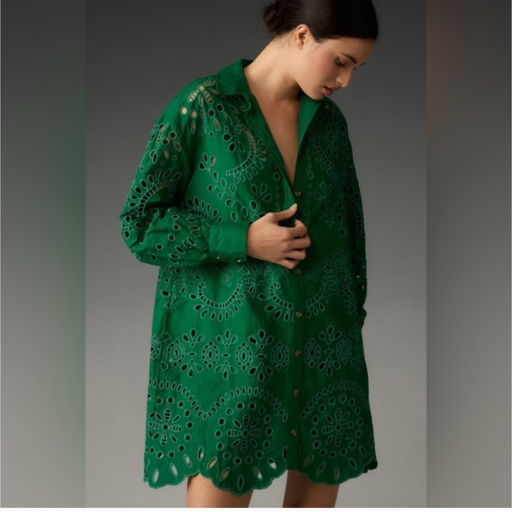 Anthropologie Green Eyelet Dress with slip dress - Picture 2 of 8